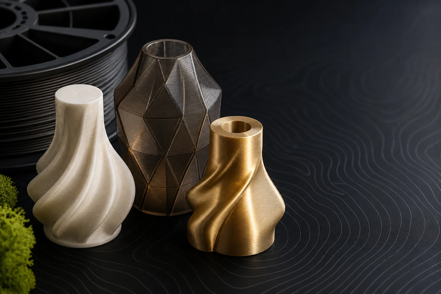 Amostras premium de PLA matte, PETG translúcido e PLA silk